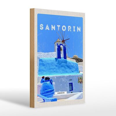 Cartello da viaggio in legno 20x30 cm Santorini Grecia blu