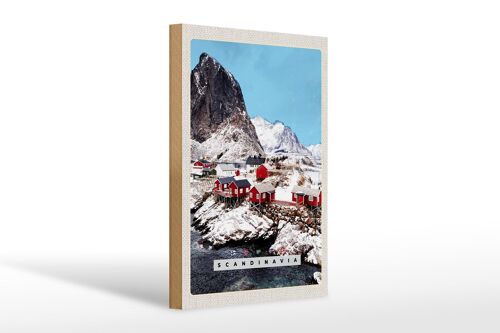 Holzschild Reise 20x30cm Skandinawien Schnee Häuser Gebirge