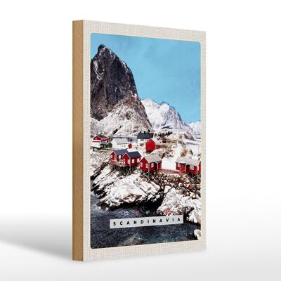 Cartel de madera viaje 20x30cm Escandinavia casas de nieve montañas