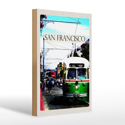 Cartel de madera viaje 20x30cm San Francisco gente tranvía