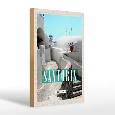 Cartel de madera viaje 20x30cm Santorini edificios blancos escaleras