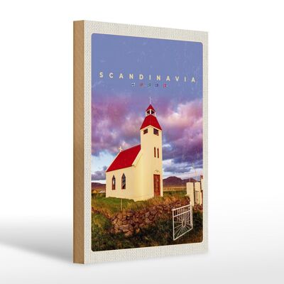 Wooden sign travel 20x30cm Scandinavia house red roof meadow