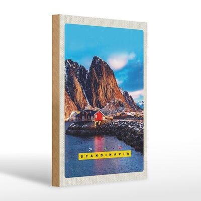 Cartel de madera viaje 20x30cm Escandinavia montañas casas mar