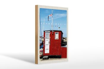 Panneau en bois voyage 20x30cm Scandinavie mer Stromly maison rouge 1