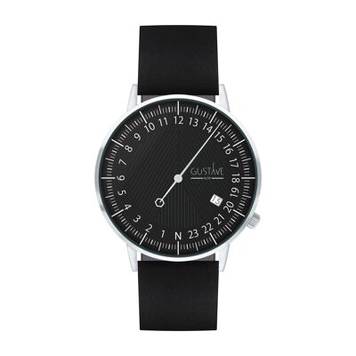 Montre 24H André Argent & Noir - Bracelet Cuir Noir