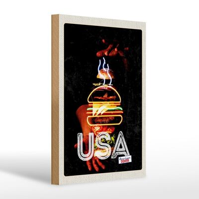 Cartel de madera viaje 20x30cm America USA platos ciudadanos americanos