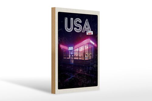 Holzschild Reise 20x30cm Amerika Diner Restaurant bei Nacht Schild