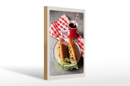 Holzschild Reise 20x30cm Amerika USA Hot Dog Gurken Senf Cola