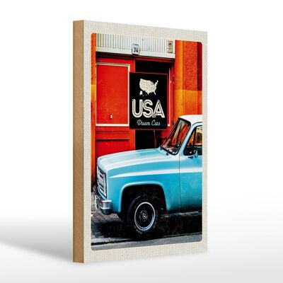 Holzschild Reise 20x30cm USA Oldtimer Dram Cars blau Amerika