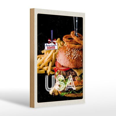 Holzschild Reise 20x30cm USA Burger Pommes Zwiebelringe essen