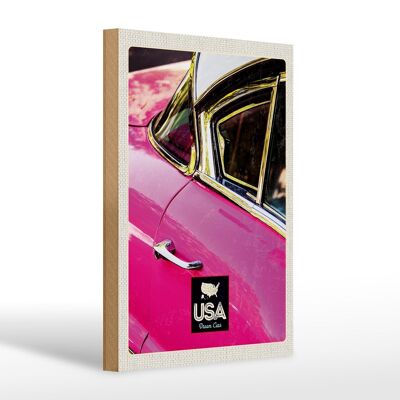 Cartel de madera viaje 20x30cm América coche antiguo rosa plata vacaciones