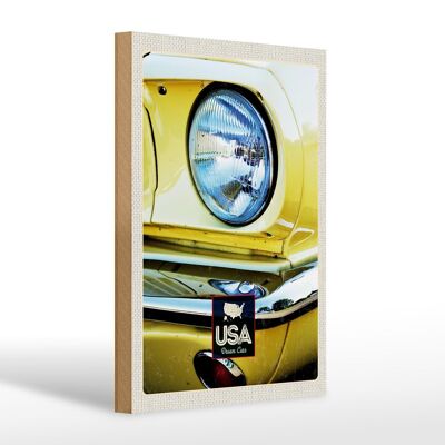 Cartel de madera viaje 20x30cm América faros de coches antiguos amarillo