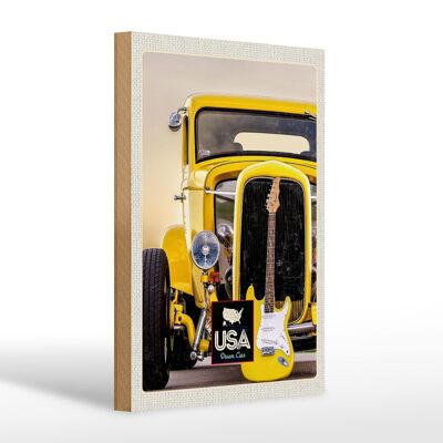 Cartel de madera viaje 20x30cm América coche antiguo coche amarillo guitarra