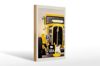 Panneau en bois voyage 20x30cm Amérique voiture vintage voiture jaune guitare 1