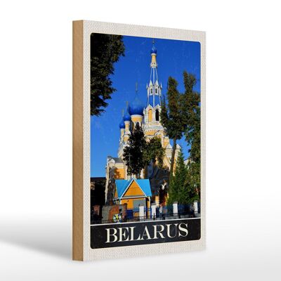 Cartel de madera viaje 20x30cm Berlarus Europa arquitectura azul beige en cartel