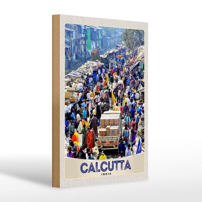 Cartel de madera viaje 20x30cm Calcuta India millones de habitantes