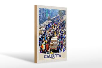 Panneau en bois voyage 20x30cm Calcutta Inde millions d'habitants 1