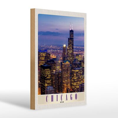 Cartello in legno da viaggio 20x30 cm Chicago America USA sera grattacielo