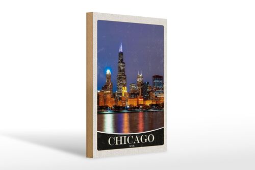 Holzschild Reise 20x30cm Chicago USA Amerika Abend Meer