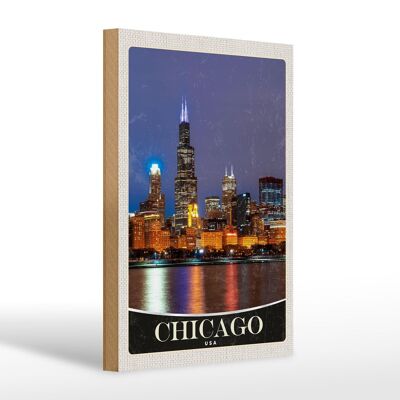 Holzschild Reise 20x30cm Chicago USA Amerika Abend Meer