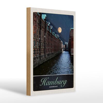 Panneau en bois voyage 20x30cm Hambourg Allemagne voyage nocturne sur la rivière