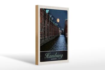 Panneau en bois voyage 20x30cm Hambourg Allemagne voyage nocturne sur la rivière 1