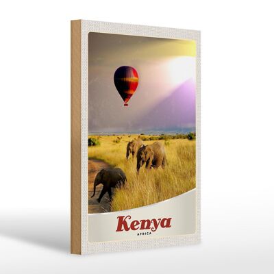 Cartel de madera viaje 20x30cm Elefantes Kenia globo aerostático