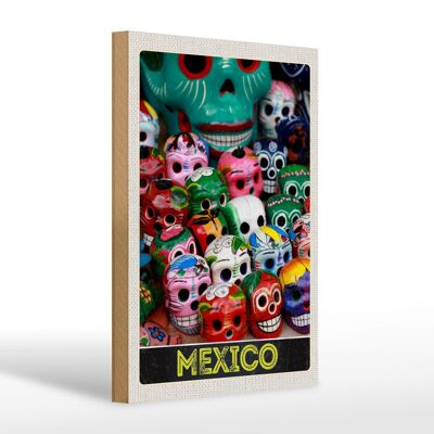 Cartello in legno da viaggio 20x30 cm Messico America USA teschi colorati
