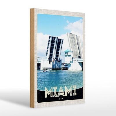 Cartel de madera viaje 20x30cm Miami America USA puente barcos