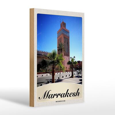 Cartel de madera viaje 20x30cm Marrakech Marruecos cultura mezquita