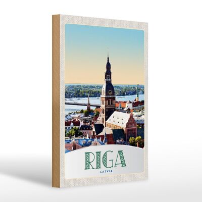 Cartel de madera viaje 20x30cm Riga Letonia arquitectura de la iglesia