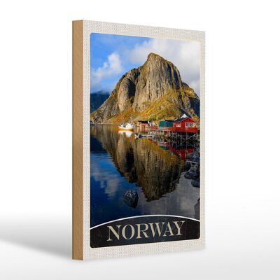 Cartel de madera viaje 20x30cm Noruega Europa lago casas barcos
