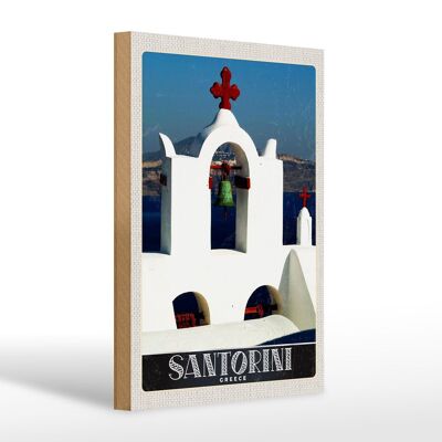Cartel de madera viaje 20x30cm Santorini isla mar cruz iglesia