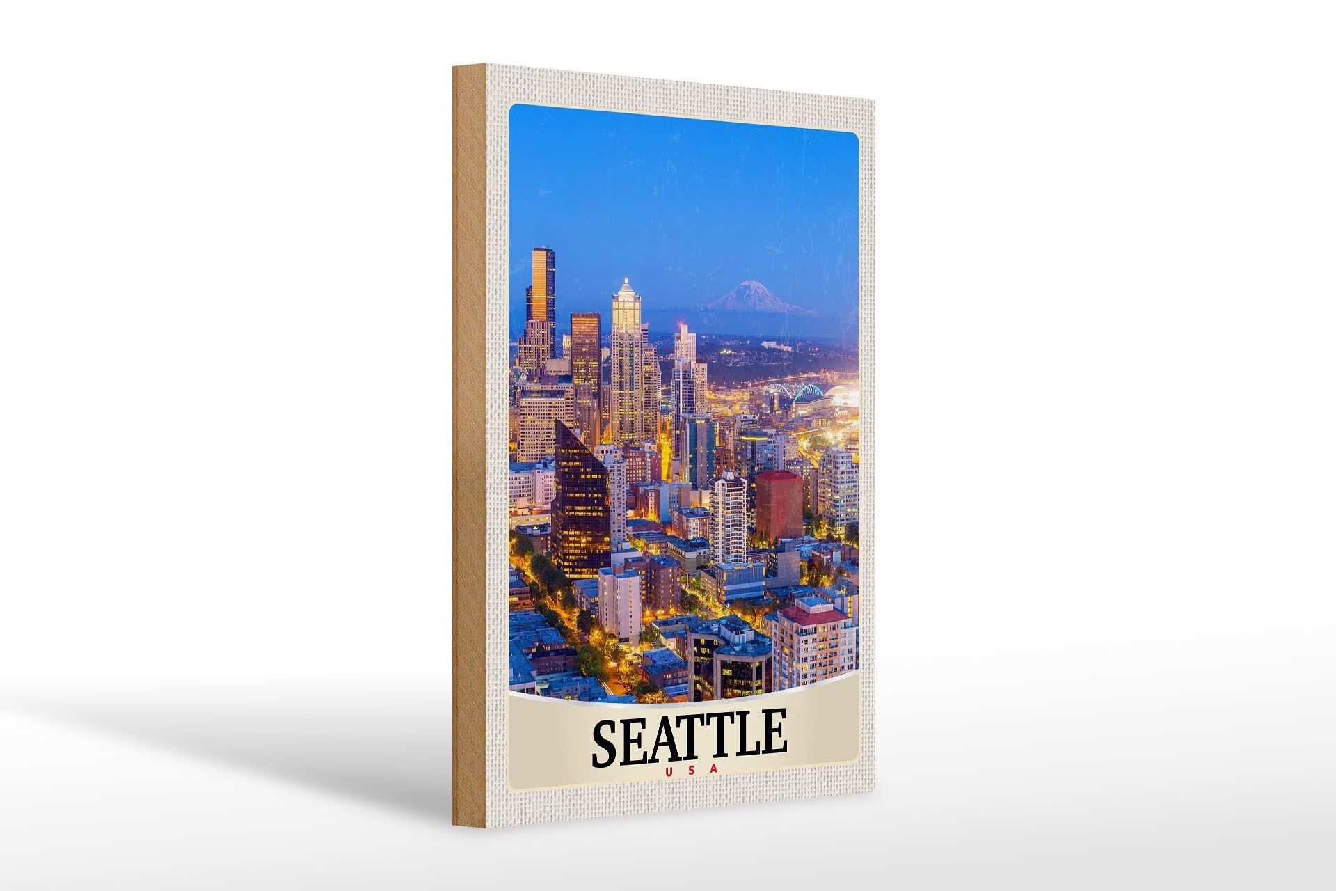 Cartello in legno da viaggio 20x30 cm Seattle USA America città serale