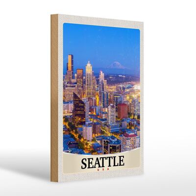 Cartello in legno da viaggio 20x30 cm Seattle USA America città serale