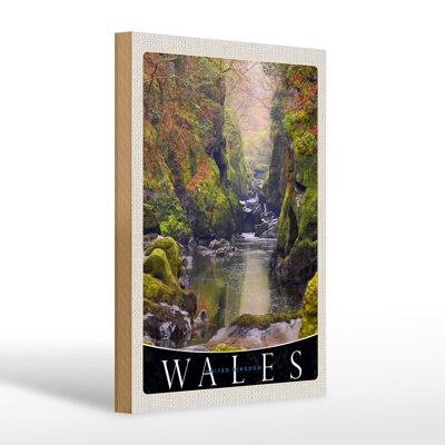 Holzschild Reise 20x30cm Wales England Natur Fluss Wald