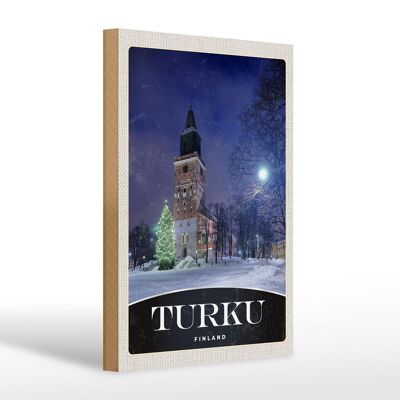 Cartel de madera viaje 20x30cm Turku Finlandia iglesia nieve invierno