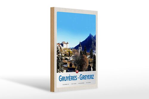 Holzschild Reise 20x30cm Gruyeres Greyerz Schweiz Winterzeit