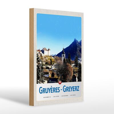 Holzschild Reise 20x30cm Gruyeres Greyerz Schweiz Winterzeit