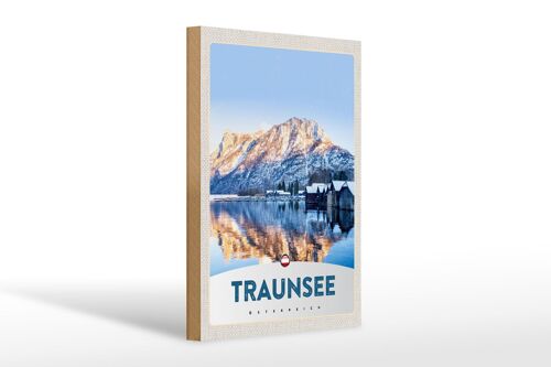 Holzschild Reise 20x30cm Traunsee Östereich Winterzeit Schnee