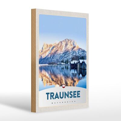 Holzschild Reise 20x30cm Traunsee Östereich Winterzeit Schnee