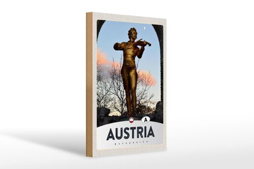 Holzschild Reise 20x30cm Österreich Skulptur Mann Geige gold