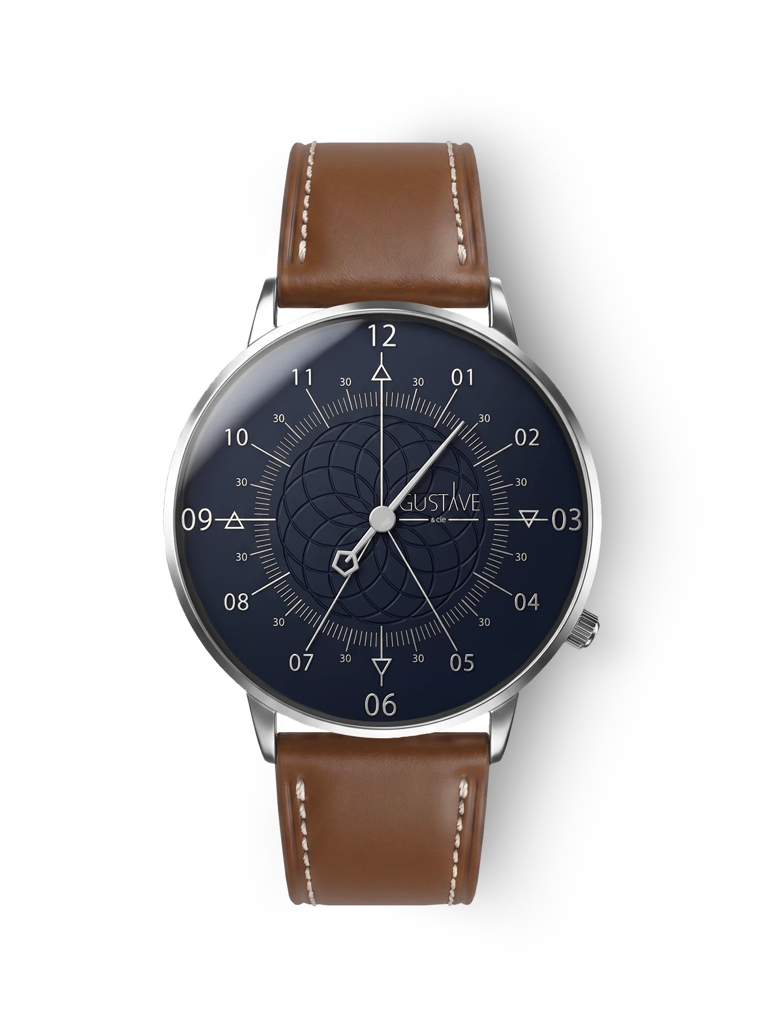Louis 12H Uhr, silber-blau – 40 mm braunes Lederarmband mit Ziernähten