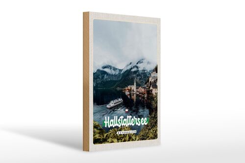 Holzschild Reise 20x30cm Hallstattersee Berge Schiff Berg