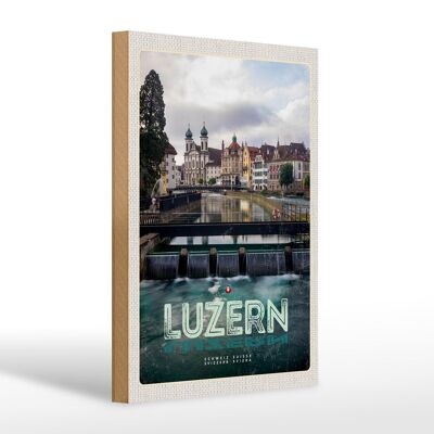 Cartel de madera viaje 20x30cm Lucerna Suiza río casco antiguo vacaciones