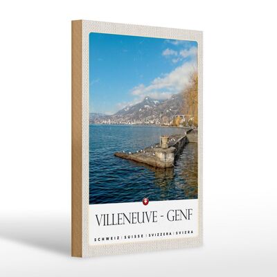 Cartel de madera viaje 20x30cm Villeneuve-Ginebra Suiza caminata