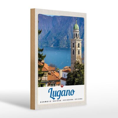 Cartel de madera viaje 20x30cm Lugano Suiza Lago Iglesia Montañas