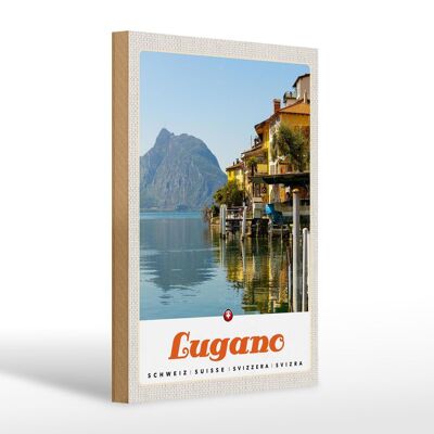 Cartel de madera viaje 20x30cm Lugano Suiza vista al lago de la montaña