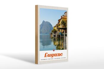 Panneau en bois voyage 20x30cm Lugano Suisse vue lac montagne 1