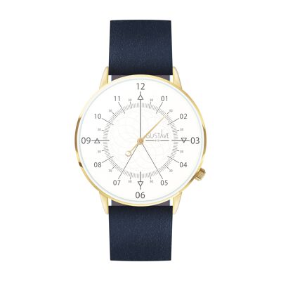 Reloj 12H Gold & White - Correa de cuero azul